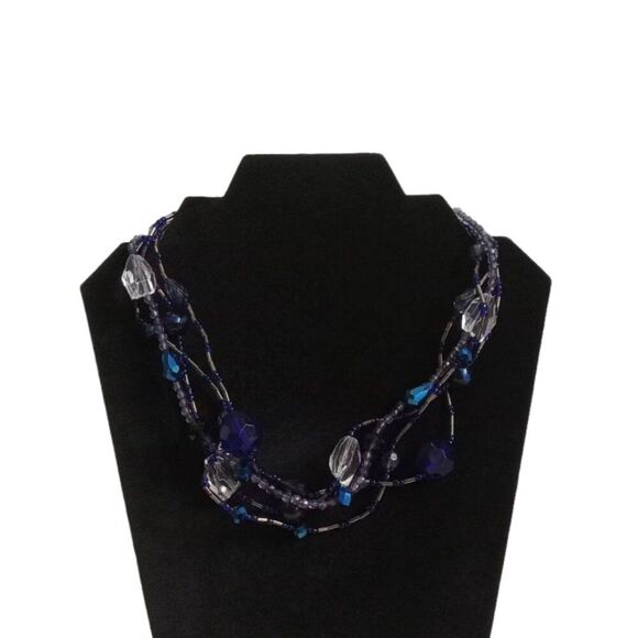 Shades of Blue & Silver Assorted Beads Multi Strand Layered Statement Necklace - Picture 1 of 10